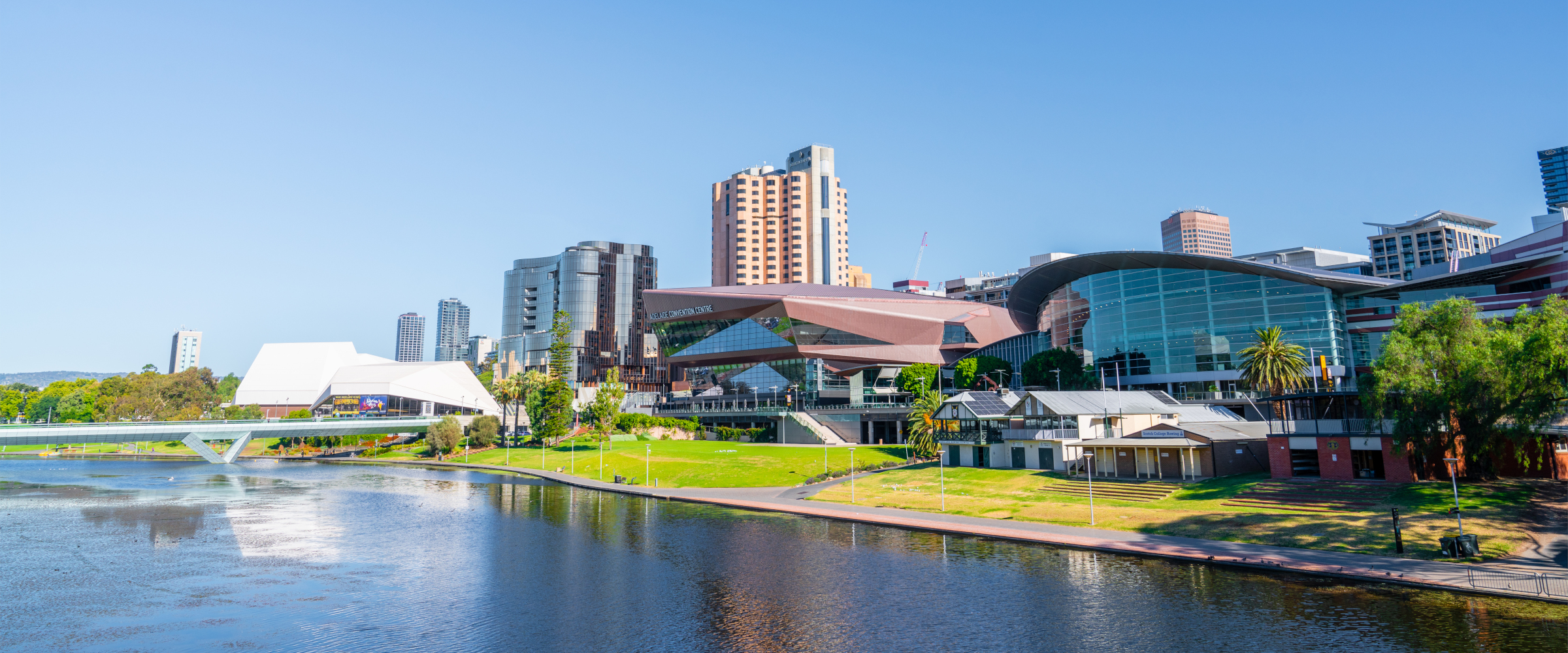 The River Torrens and the Adelaide Convention Centre across the city riverbank